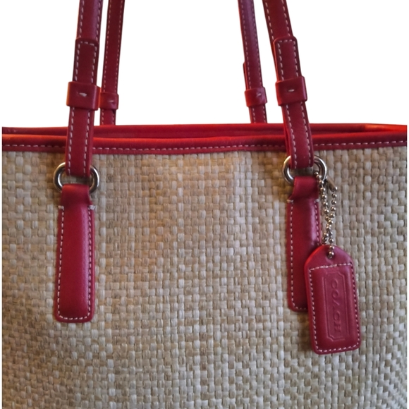 Vintage Coach Cabana Woven Straw and Red Leather Tote - Picture 2 of 13